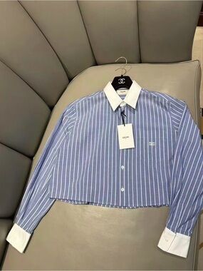 Celine Blue and White Striped Cropped Button-Down Shirt